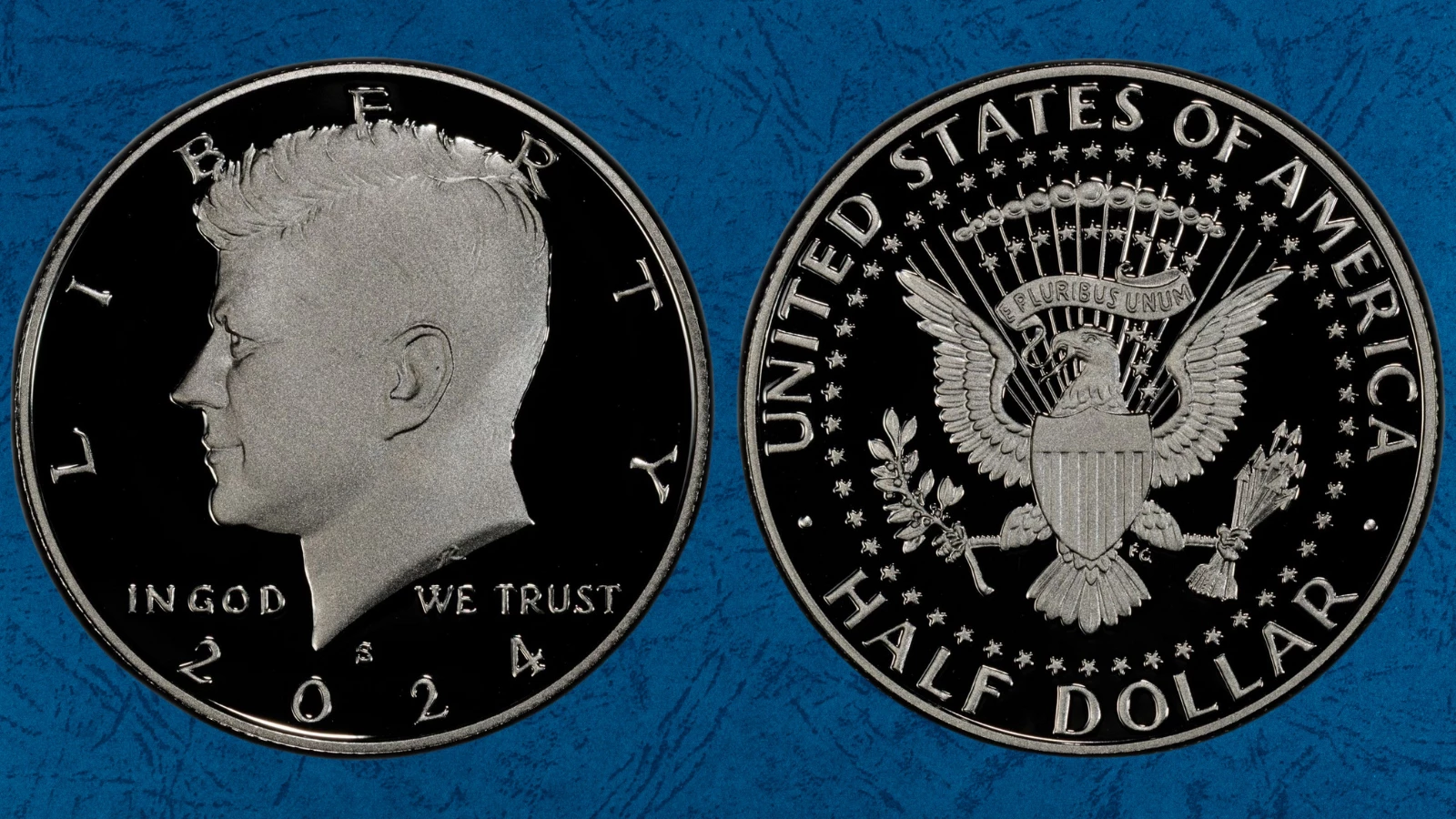 Side-by-side comparison of 2024-S clad proof versus 2024-S silver proof Kennedy half dollar showing edge difference