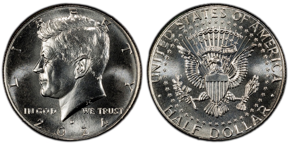 2024 Kennedy half dollar DDO error showing doubled LIBERTY lettering under magnification